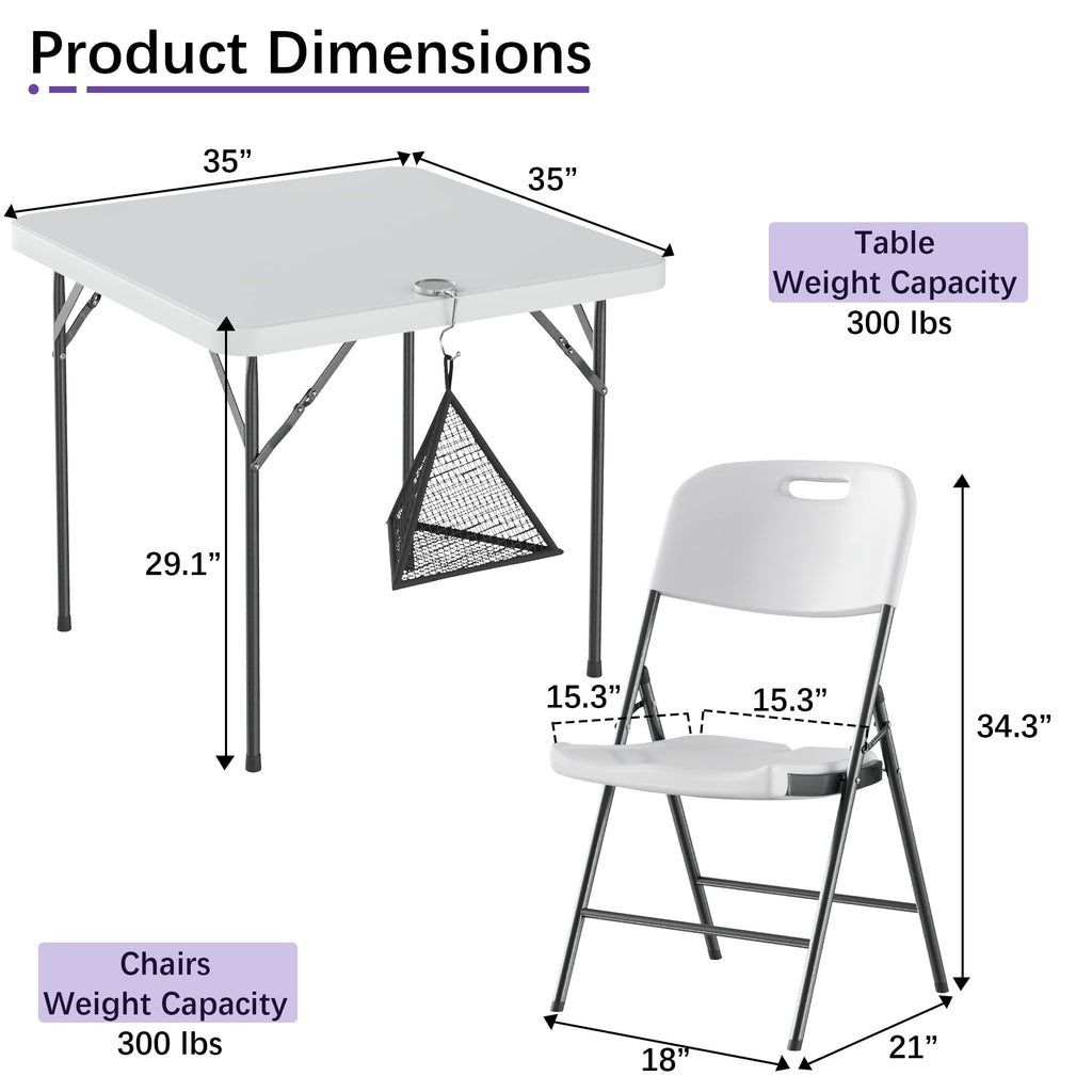 Folding Card Table Square and Chairs Set, Collapsible Legs & Portable for Indoor/Outdoor, Picnic, 5 Piece, White