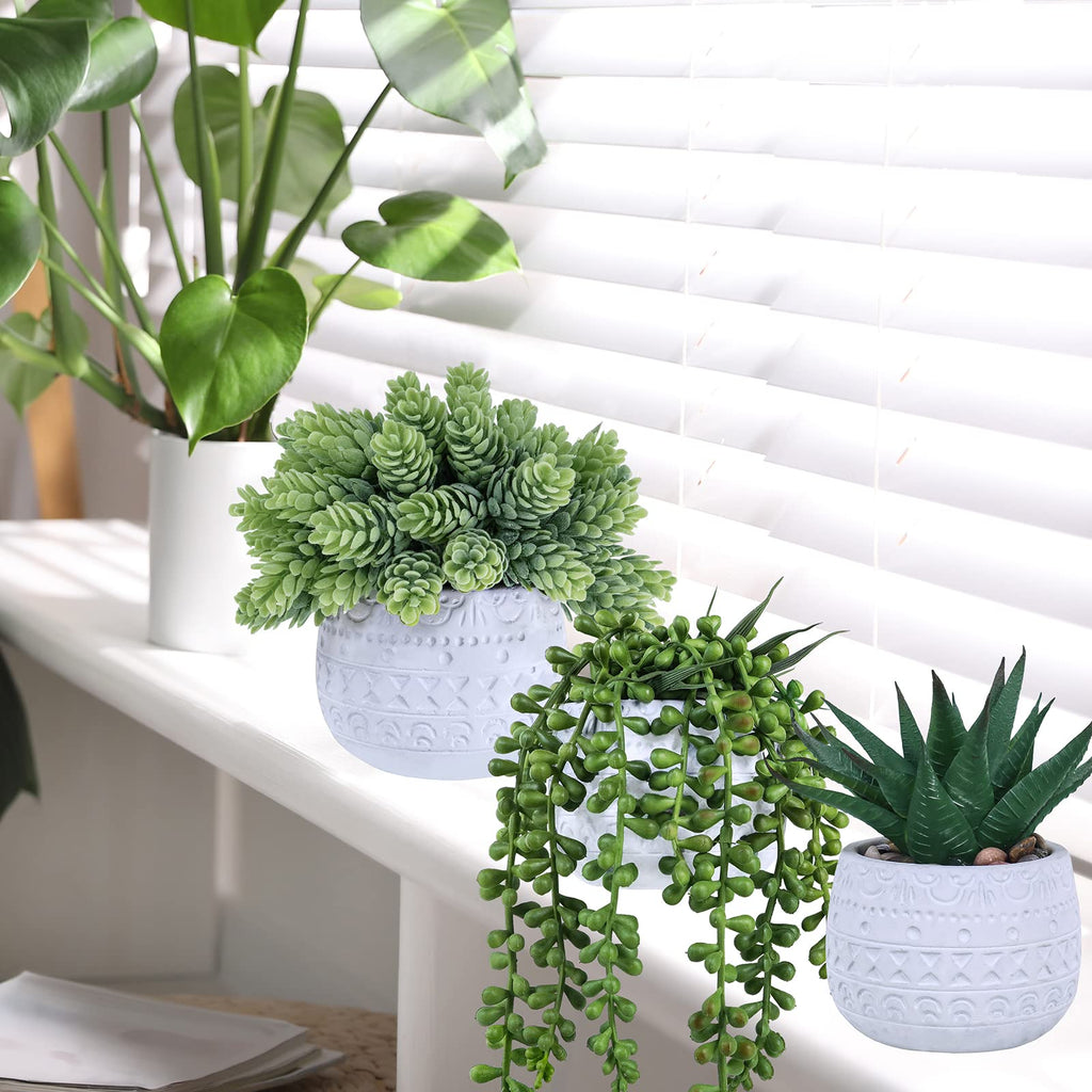 3 Pcs Assorted Small Potted Succulent Plants Artificial Aloe Hanging Succulent in White Geometric Concrete Ceramic
