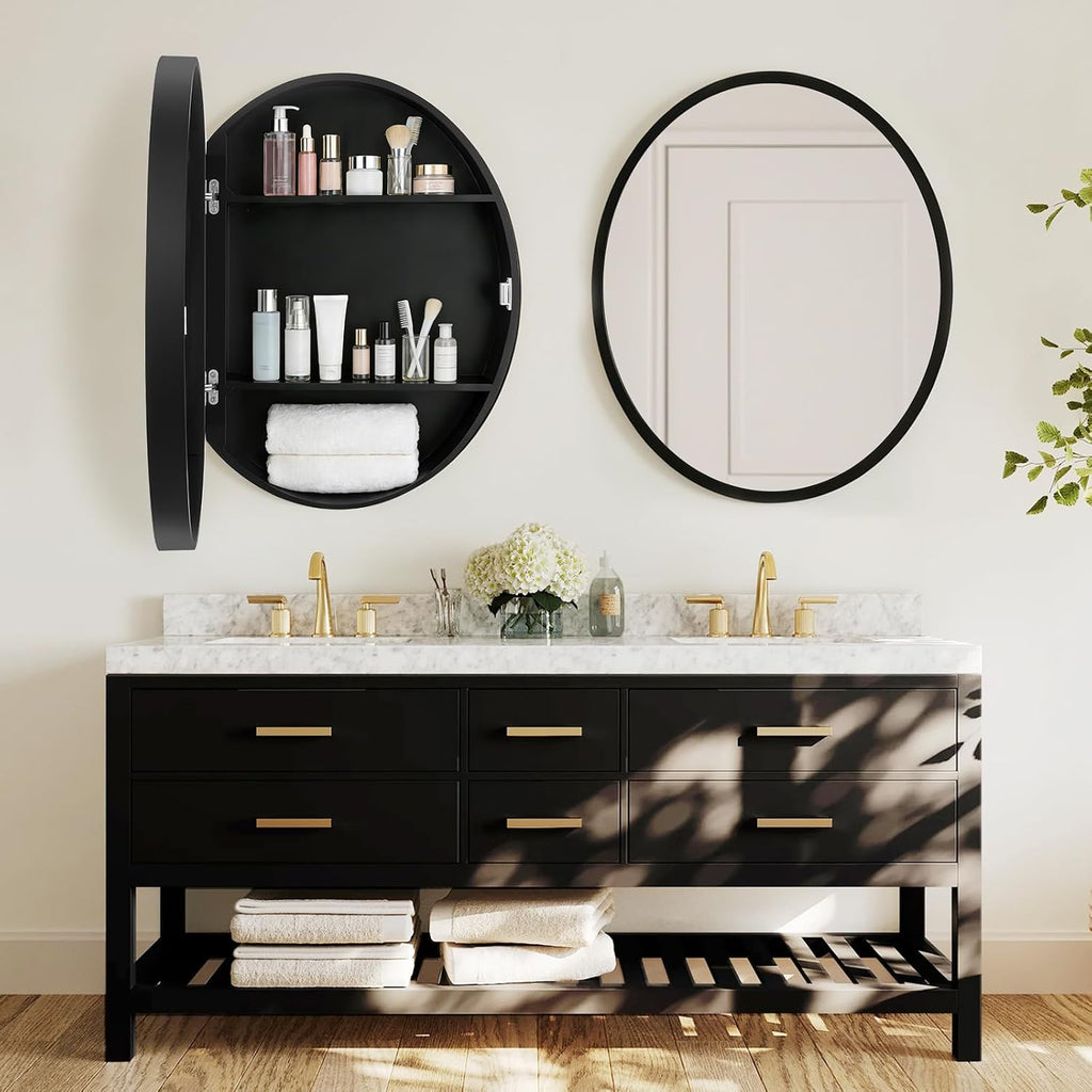 21x18 Inch Oval Medicine Cabinet with Mirror Wall Mounted | Mirror with Concealed Shelves, Premium Wooden Frame &