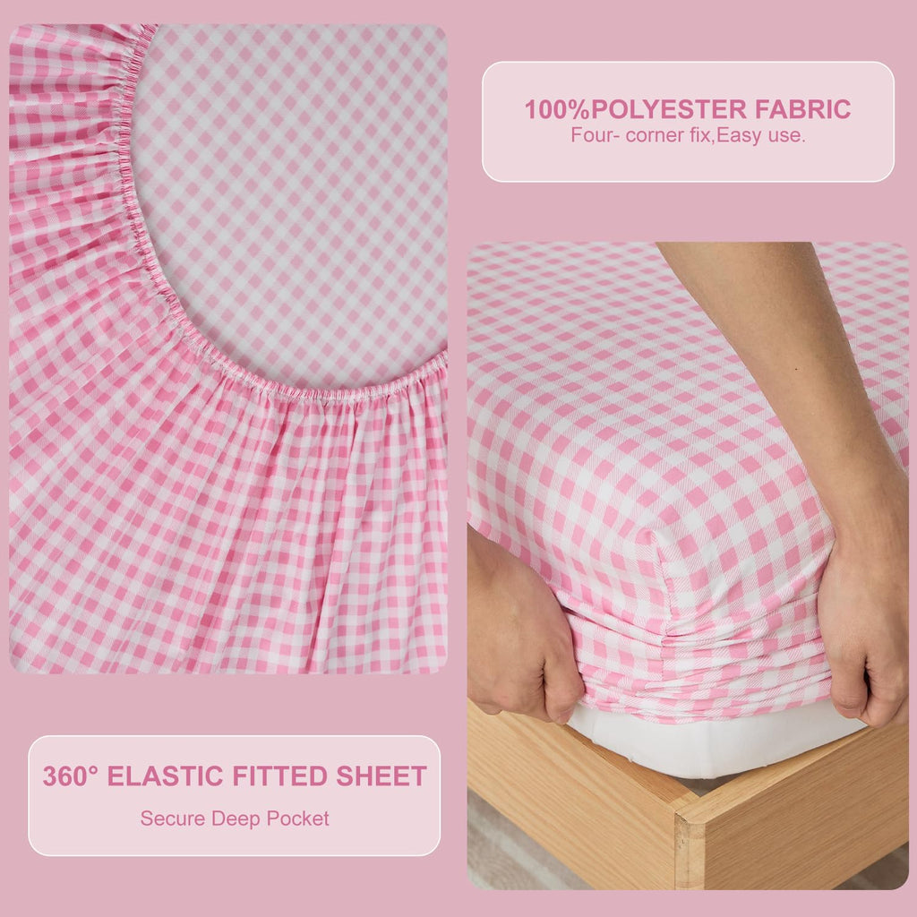 Pink Gingham Sheet Set, 4-Piece Soft Brushed Microfiber Bed Sheets - 16" Deep Pocket Fitted Sheet, Wrinkle &