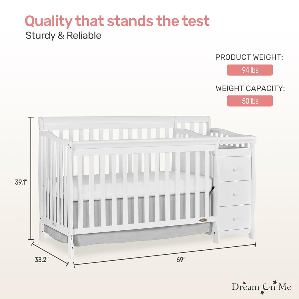 Brody 5-in-1 Convertible Crib and Changer, GREENGUARD Gold | Detachable Changer, 3 Drawers, 3 Mattress Height