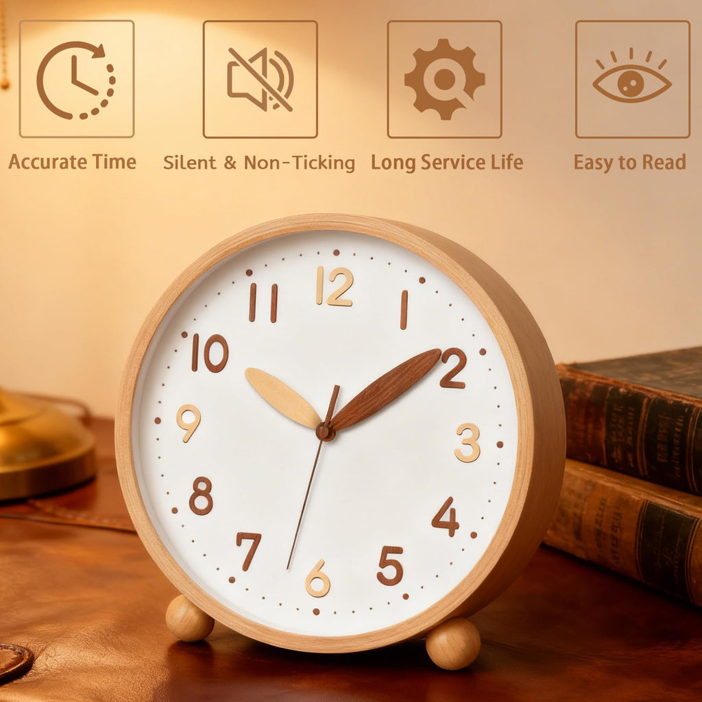 Wooden Table Clock, 8in Silent Non-Ticking Desk Clock, Battery Operated Desktop Analog Clock Bedroom Kitchen Office
