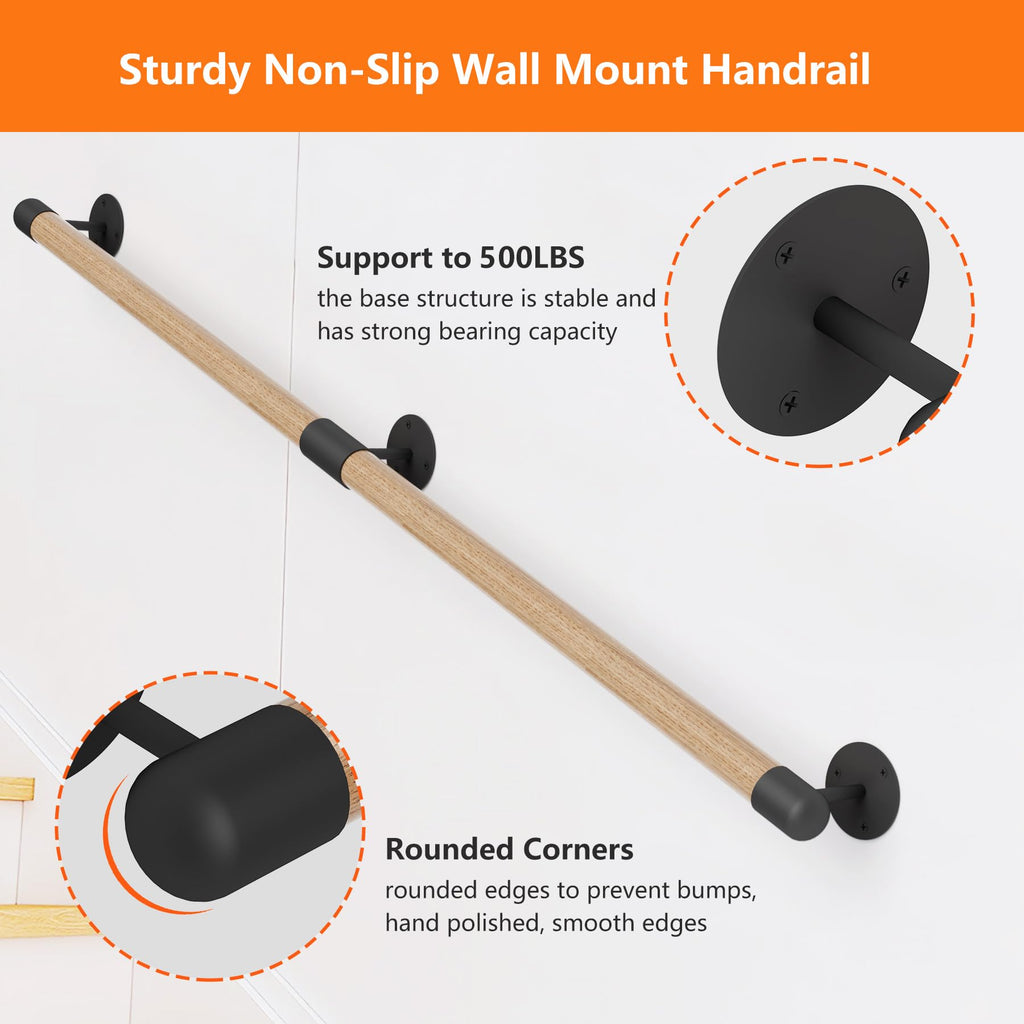 6FT Round Wooden Stair Handrail Wall Mount