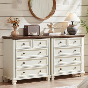 Farmhouse 5 Drawer Dresser Set of 2, 32.6 Inch Tall Modern Chest of Drawers, Mid Century Small Dressers w/Square