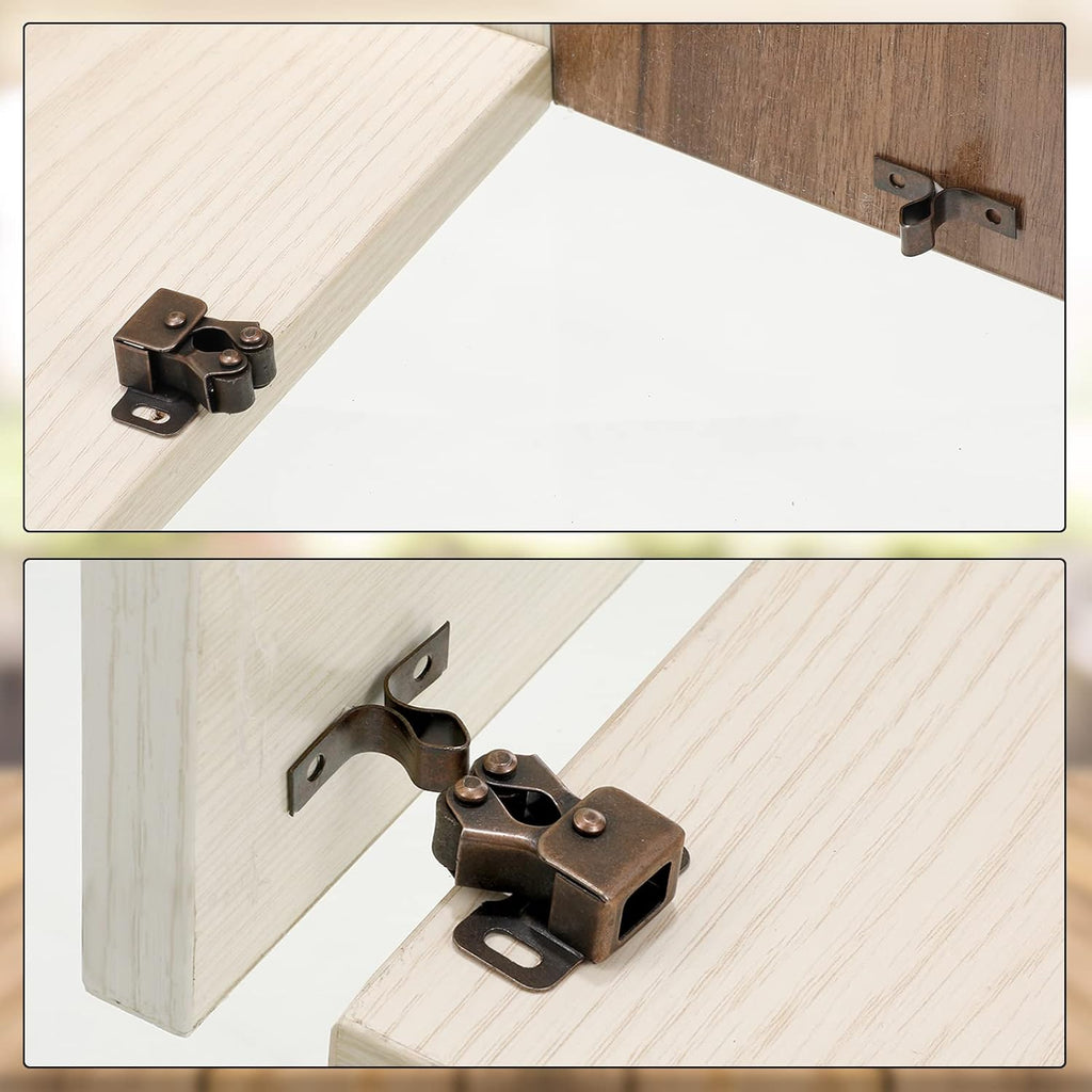 20 Pcs Cabinet Door Latch and Catch Hardware Double Roller Catch Cabinet Latches with Spear Strike Doors Kitchen (Brown