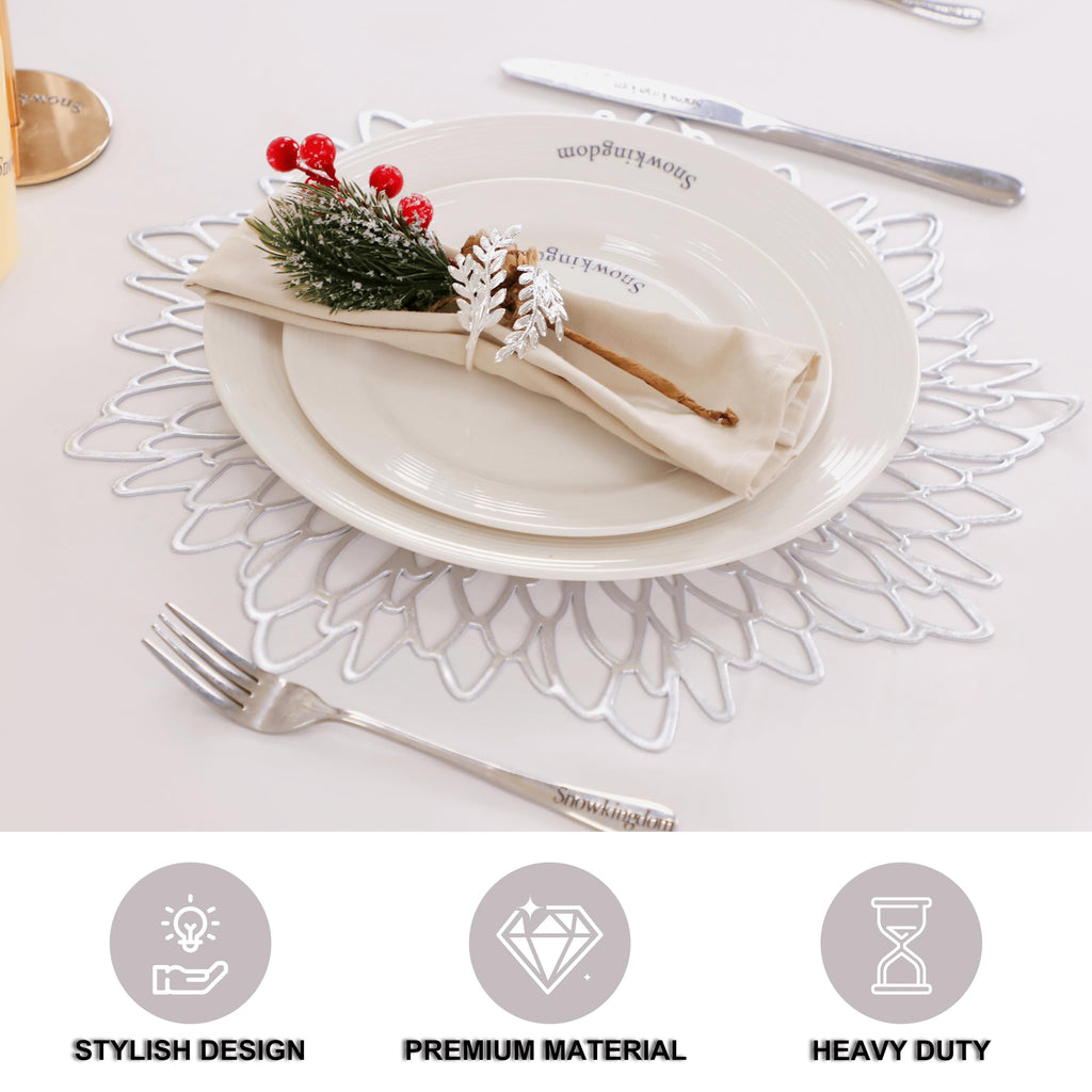 6 Pack Silver Placemats Metallic Glitter Pressed Vinyl Dinning Table Mats Decorative Round Leaf Charger for Winter