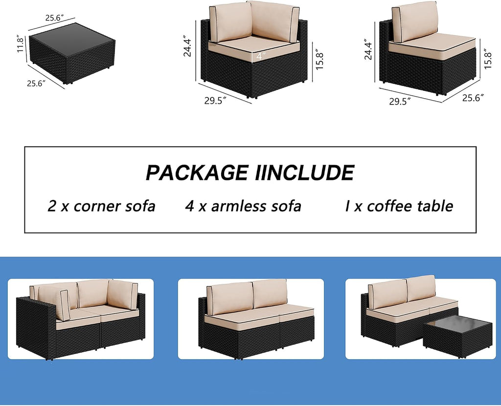 7 Pieces Outdoor Patio Sectional Sofa Couch, Wicker Furniture Conversation Sets with Washable Cushions & Glass Coffee