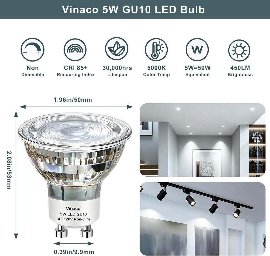 GU10 LED Bulb 5W 120V 38°Beam 5000K Non-dimmable for Track Lighting