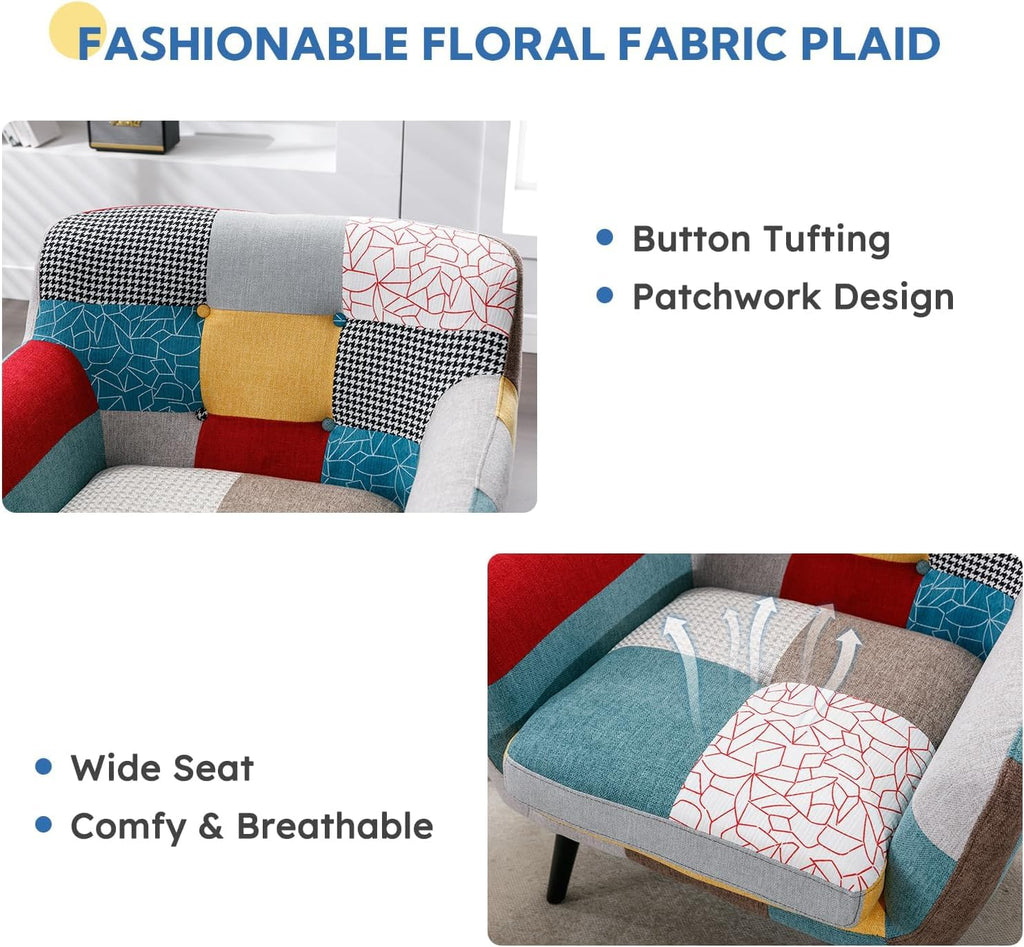 Modern Colorful 3 Piece Coroful Fabric Sofa Set, Included 2 Accent Chairs and 1 Boho Loveseat Linen Patchwork Plaid