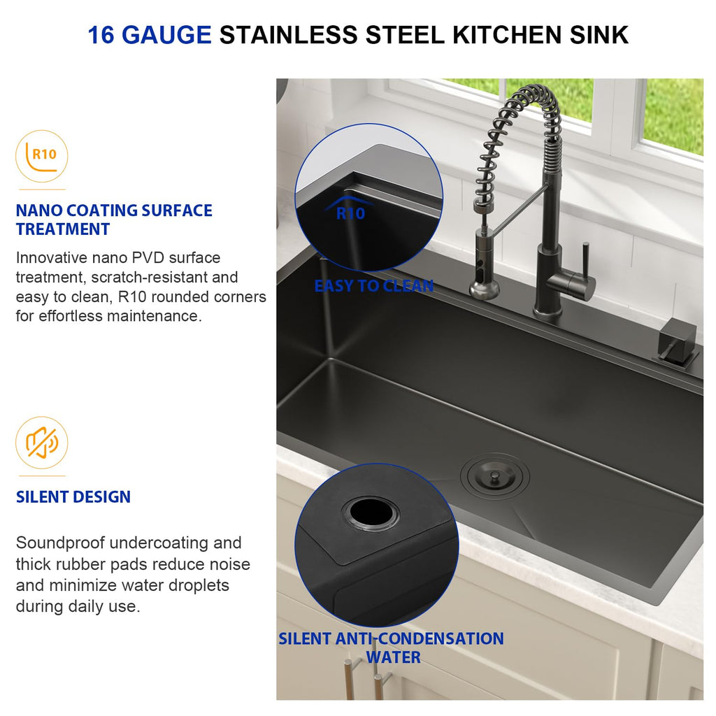 36 Inch Black Kitchen Sink Workstation Drop In Single Bowl Large Sink 16 Gauge Stainless Steel Nano PVD Coating