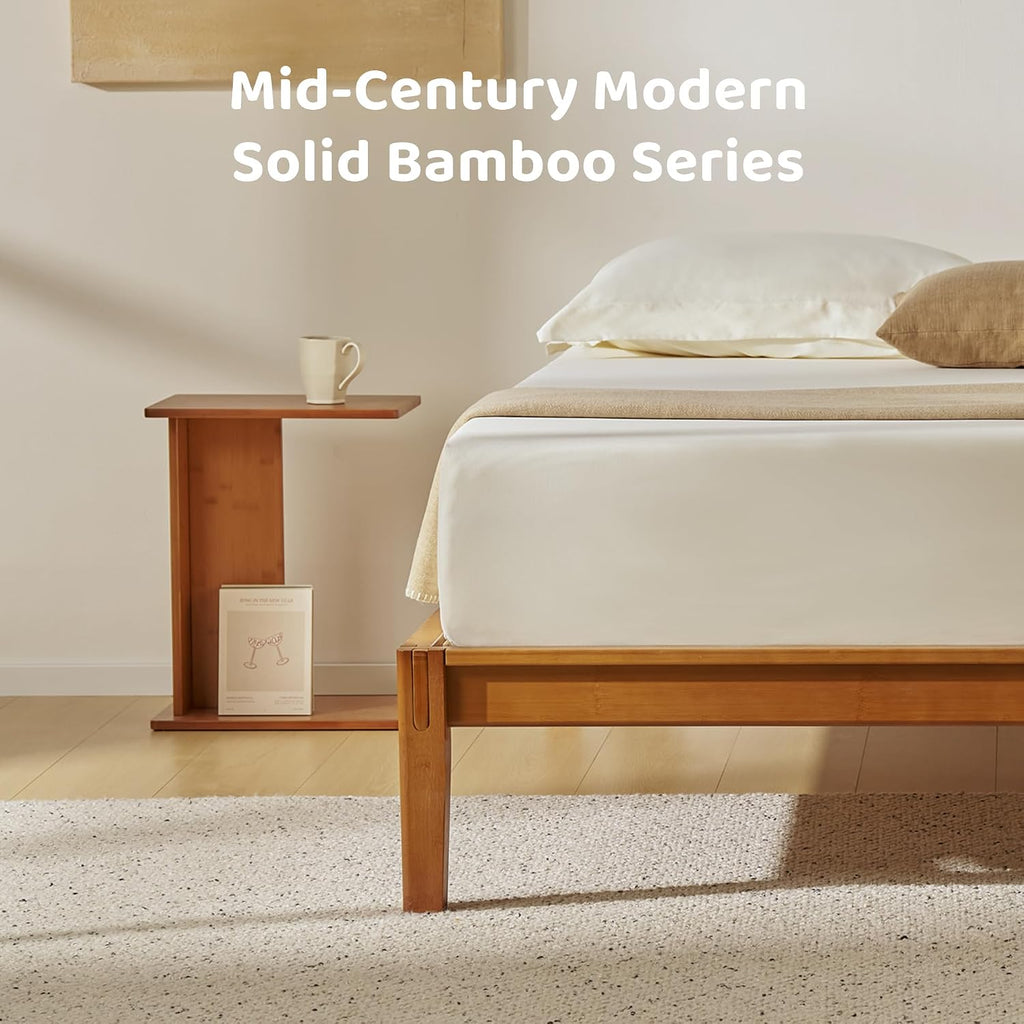 Solid Bamboo C-Shaped End Table Set of 2, Sustainable Mid-Century Modern Wood Sofa Side Table, Easy Assembly (Walnut)