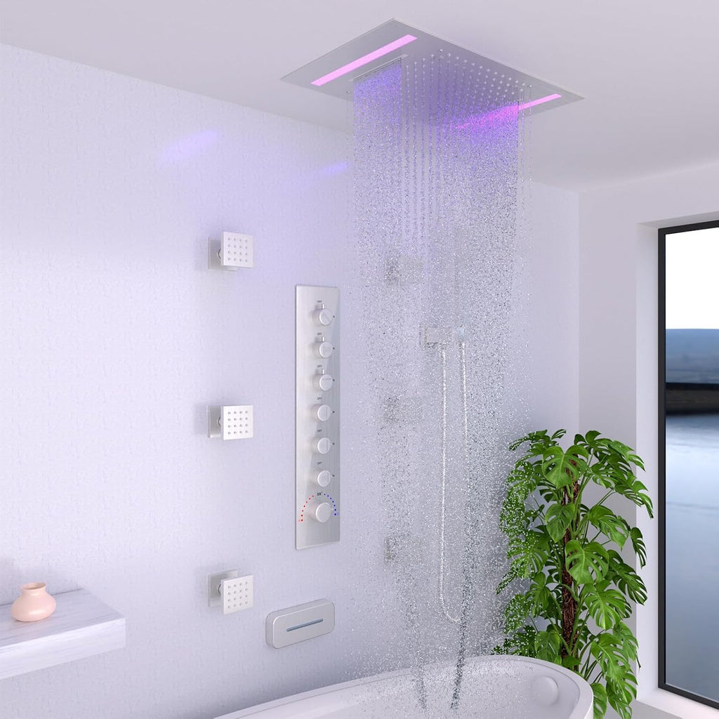 14x20" LED Ceiling Shower Head with Rainfall Waterfall Mist Spray, 3 Modes Can Operate Simultaneously or