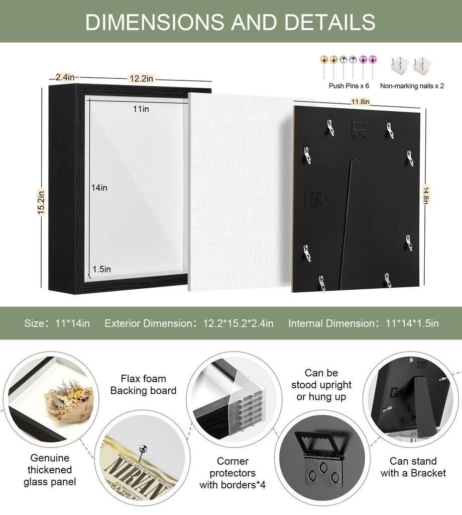 11x14 Shadow Box Frame with Shatterproof Clear Glass & Push Pins