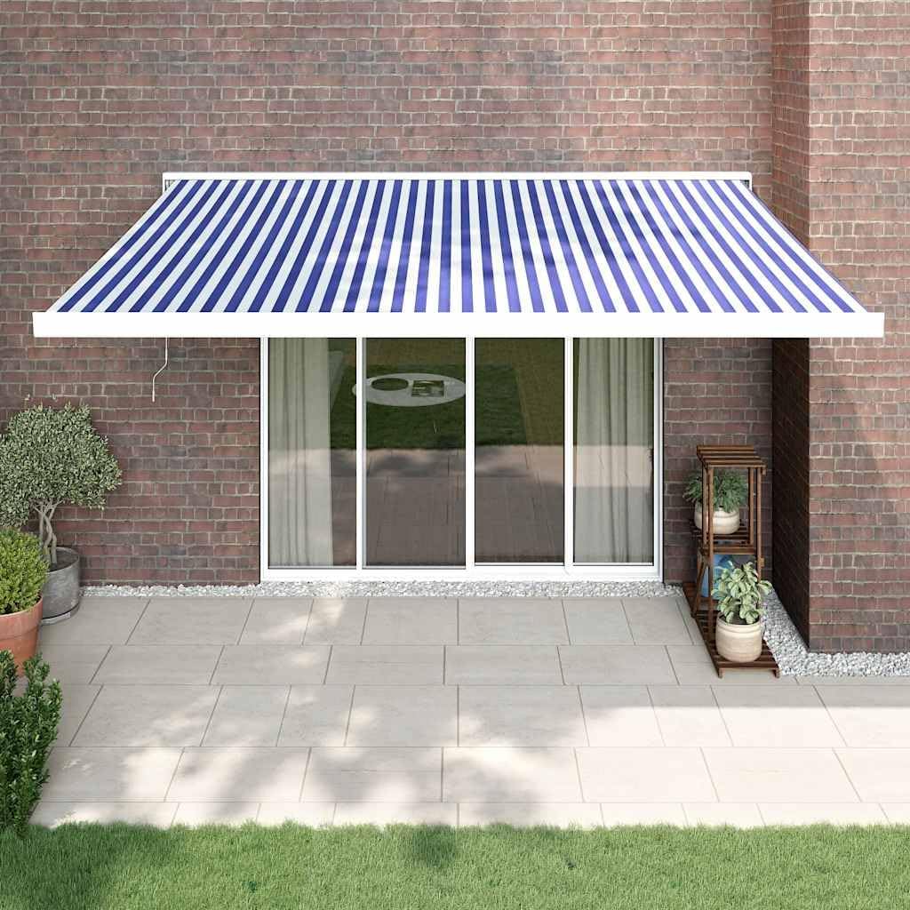 Motorized Retractable Patio Awning 4X Blue White Aluminum Folding Arm Wall-Mounted Sunshade UV Blocking for Deck