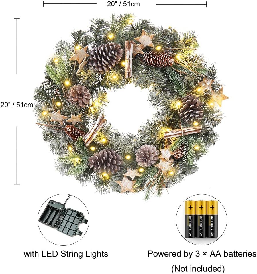 Christmas Wreaths for Front Door 20in Christmas Wreath with Pinecone Wood Stars Artificial Hanging Wreath for Xmas