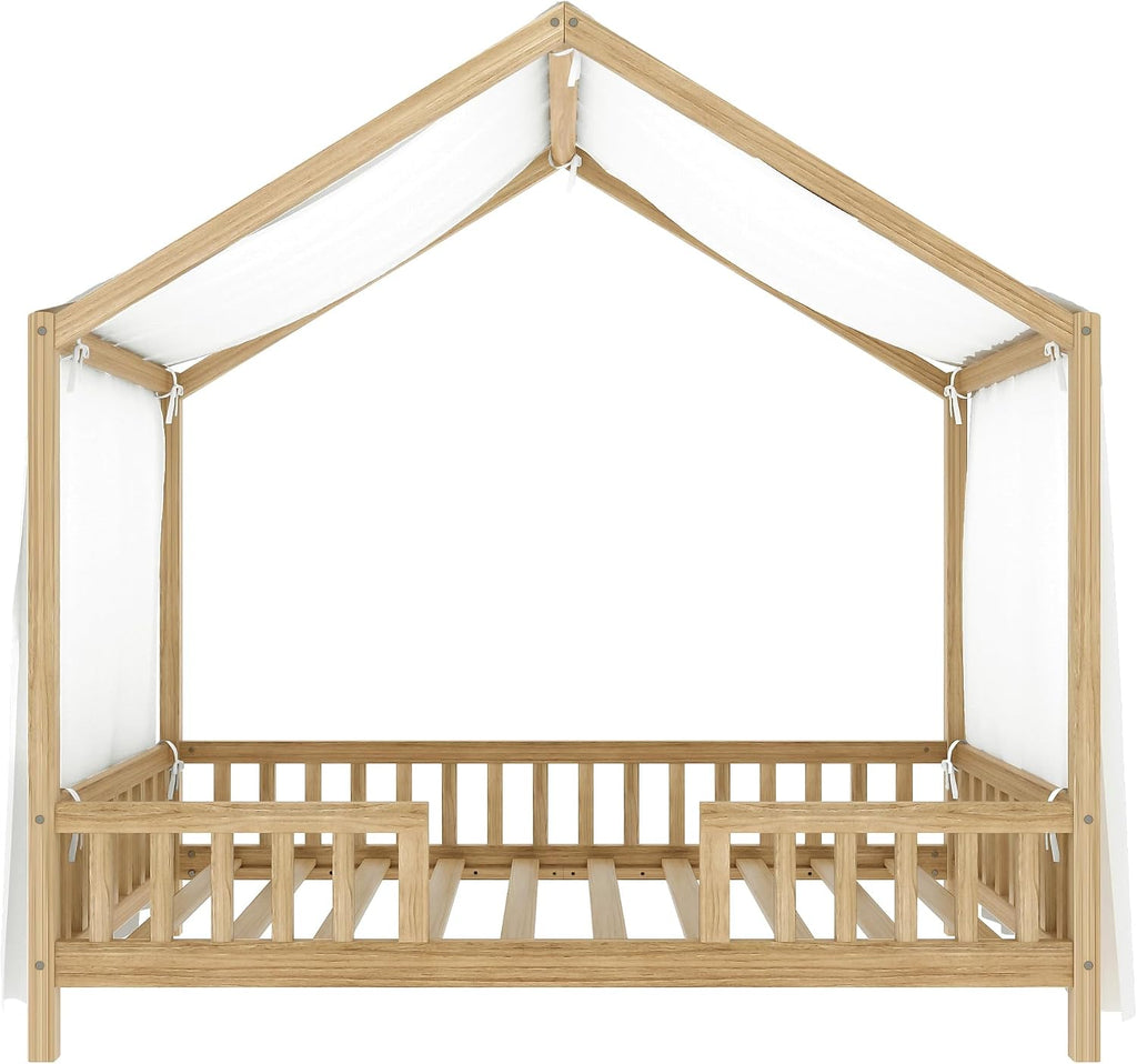 Tw Bed for Kids with High Rails, Montessori Floor Beds Twin with Roof & Canopy, Wood House Bed Frame for Boys Girls