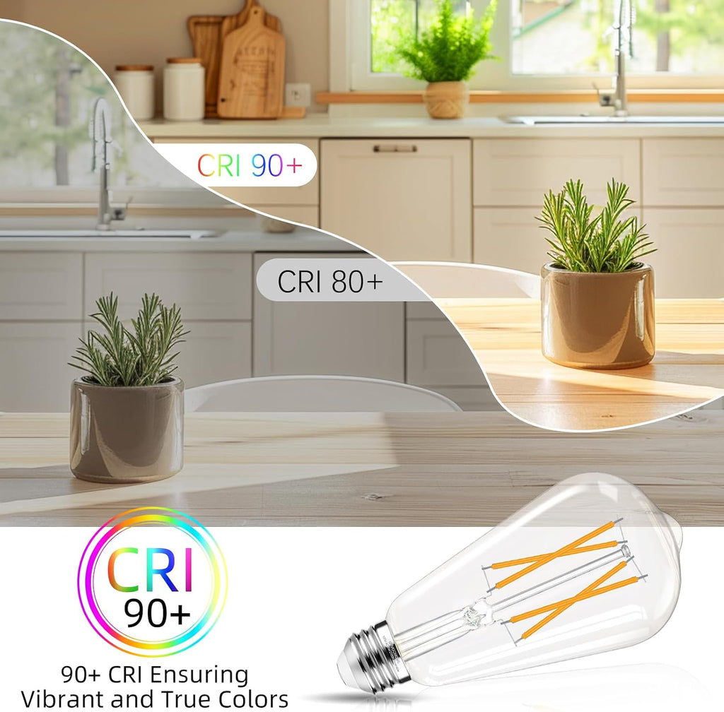 LED Edison Bulbs Dimmable, E26 Bulb 60 watt Equivalent, Soft White 2700K, ST58 Vintage Light Bulbs, 90+ CRI, 6W 600LM