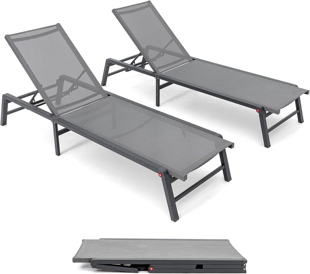 Aluminum Chaise Lounge Outdoor, Foldable & Assemble-Free Lounge Chair Outdoor Set of 2, Lounge Chair with 5