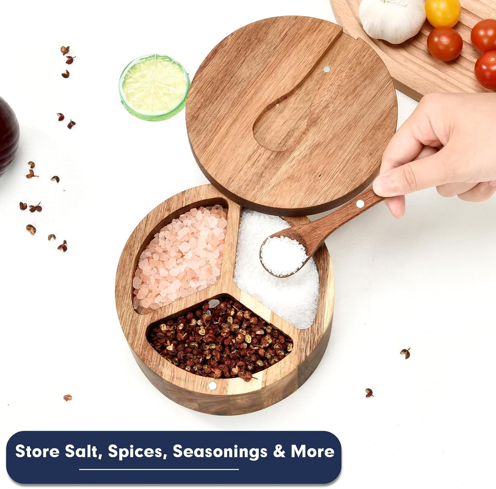 Wood Salt and Pepper Box, 3 Compartment Salt and Pepper Cellar With Lid and Spoon,Spice Condiment Container Countertop