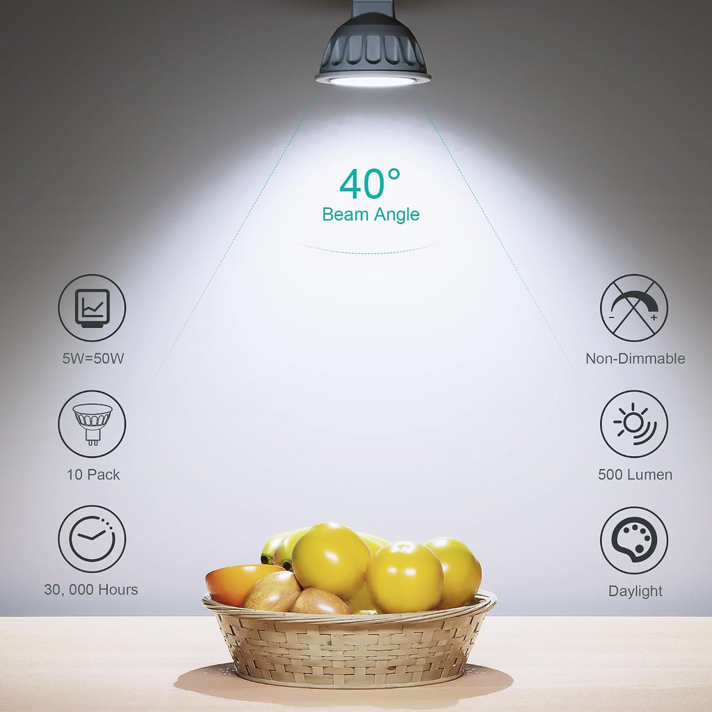 MR16 LED Bulbs 10 Pack, 5000K Daylight 500LM Lights (50W Equivalent), Non-Dimmable 40-Degree AC/DC 12V GU5.3 Bi-Pin