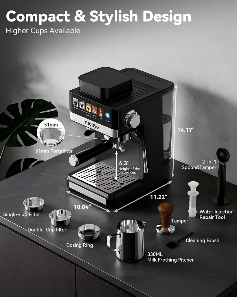 Espresso Machine with Grinder,20Bar Compact Espresso Maker with Steam Milk Frother,Coffee Maker (black, medium)