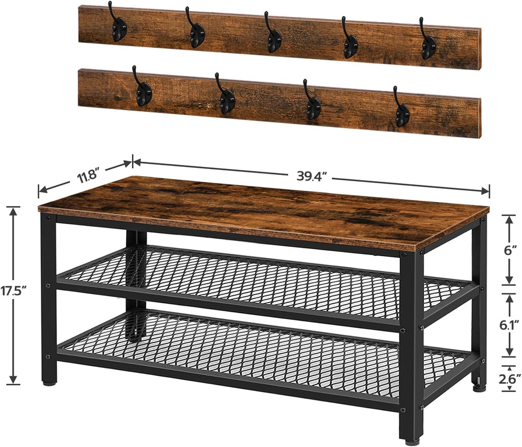 Hall Tree Entryway Storage Bench, Coat Rack Shoe Bench, Shoe Rack Organizer with Coat Hooks, 3-in-1 Design, Wooden