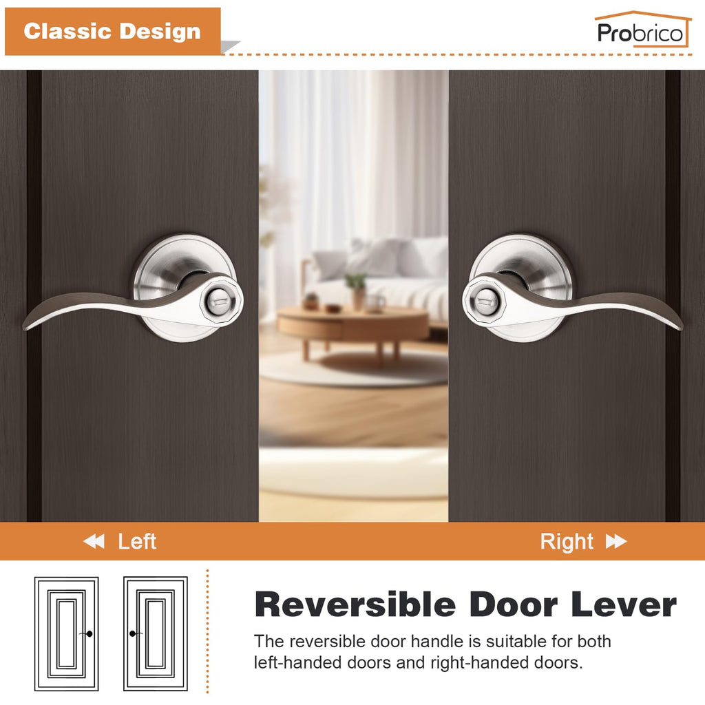 Privacy Door Levers Interior Door Handles Levers, Satin Nickel Door Lever Bathroom Wave Style Door Lever Left Right