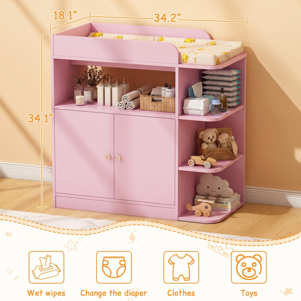 Changing Table Dresser with Large Cabinet, Wood, Pink