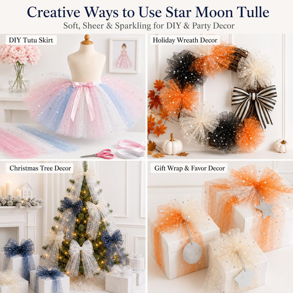 59 Inch x 8 Yard Silver Stars and Moon Tulle Fabric Black