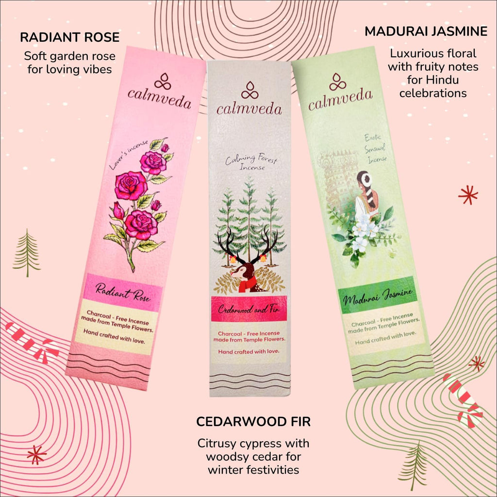 Happy Home Incense Sticks Multipack- (5 Variants) Charcoal Free, Made from Upcycled Flowers | Insense Cozy Warm - Set of 60
