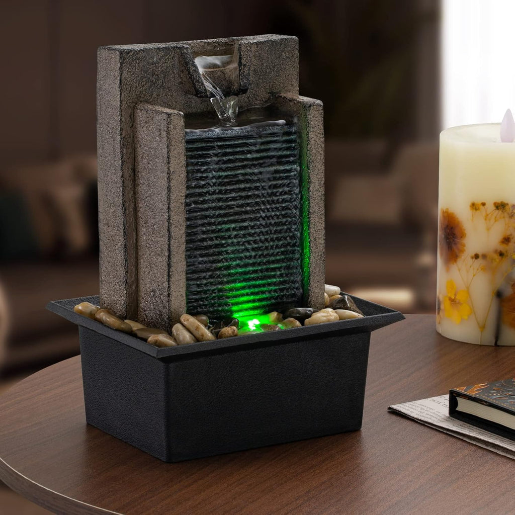 Tabletop Fountain Relaxing Tabletop Waterfall Fountain with Natural River Rocks & Color-Changing LED Lights - Indoor
