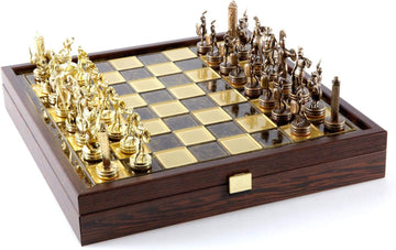 Greek Mythology Chess Set - Brass&Copper - Wooden case Brown Board
