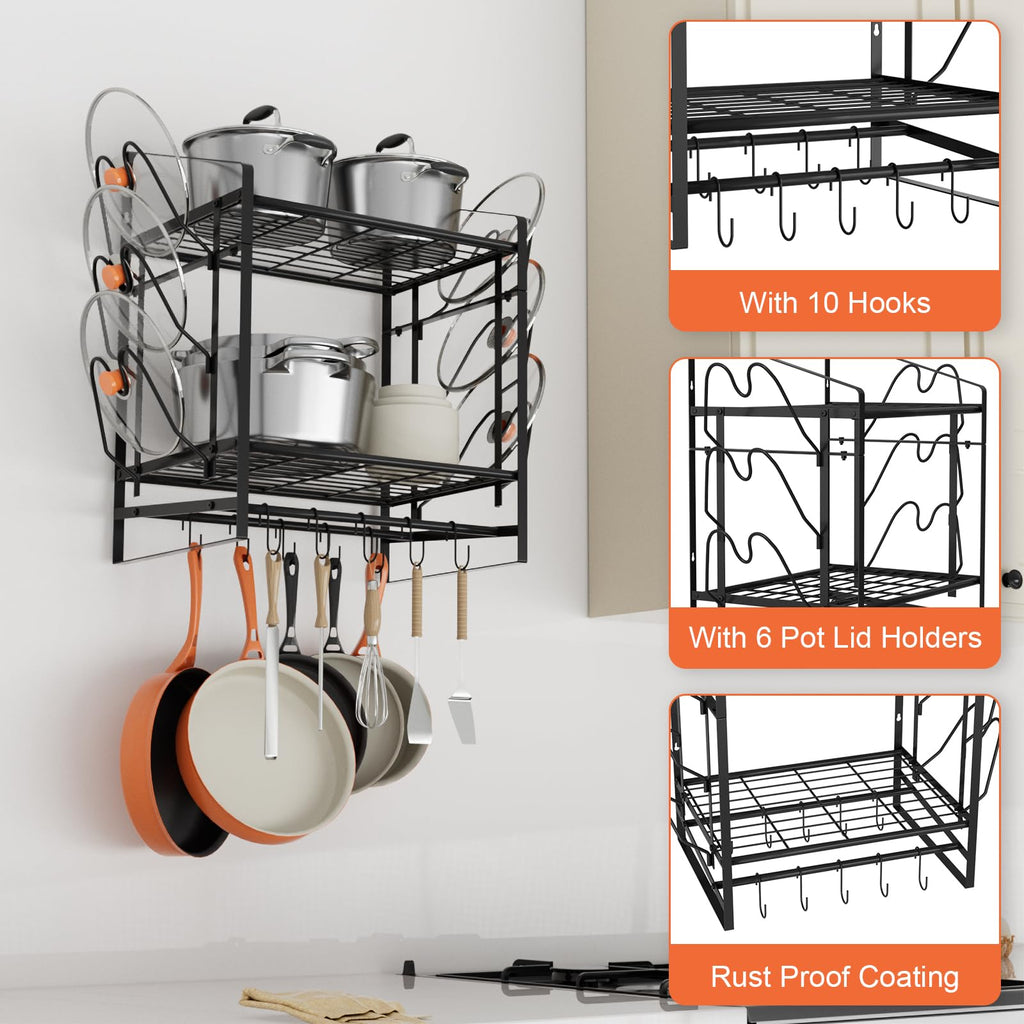 17 Inch Pot Rack Wall Mounted, 2 Tier Pots and Pans Organizer with 10 Hooks and 6 Pot Lid Holders, Heavy Duty Steel