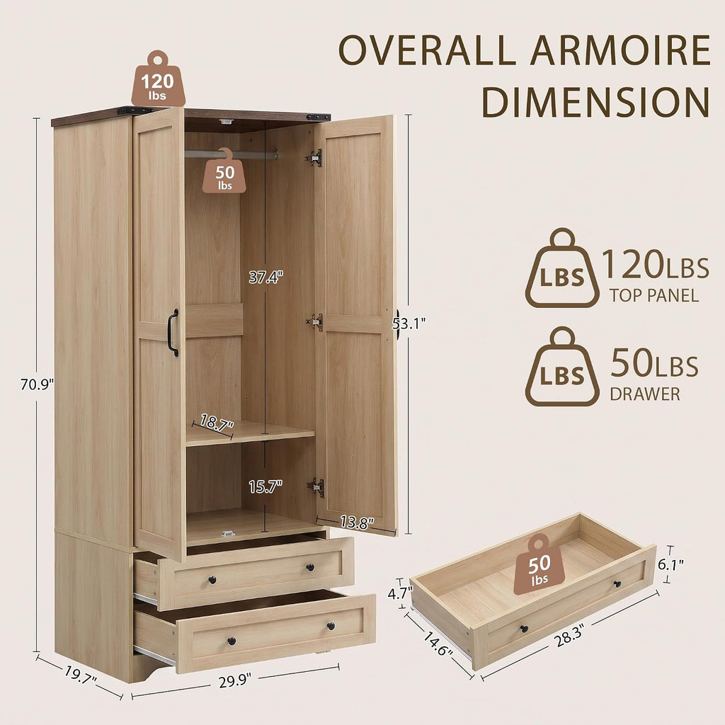 71" Wooden Armoire Wardrobe Closet with 2 Doors & 2 Drawers, Natural | Modern Tall Storage Cabinet with Adjustable