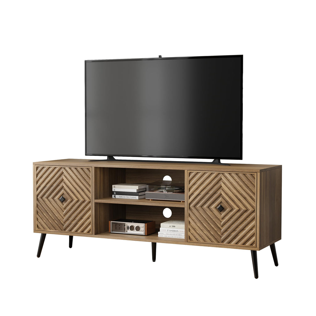 Walnut TV Stand with Fluted Diamond Doors, 55.12" Mid Century Modern TV Media Console for TVs up to 65", TV Cabinet