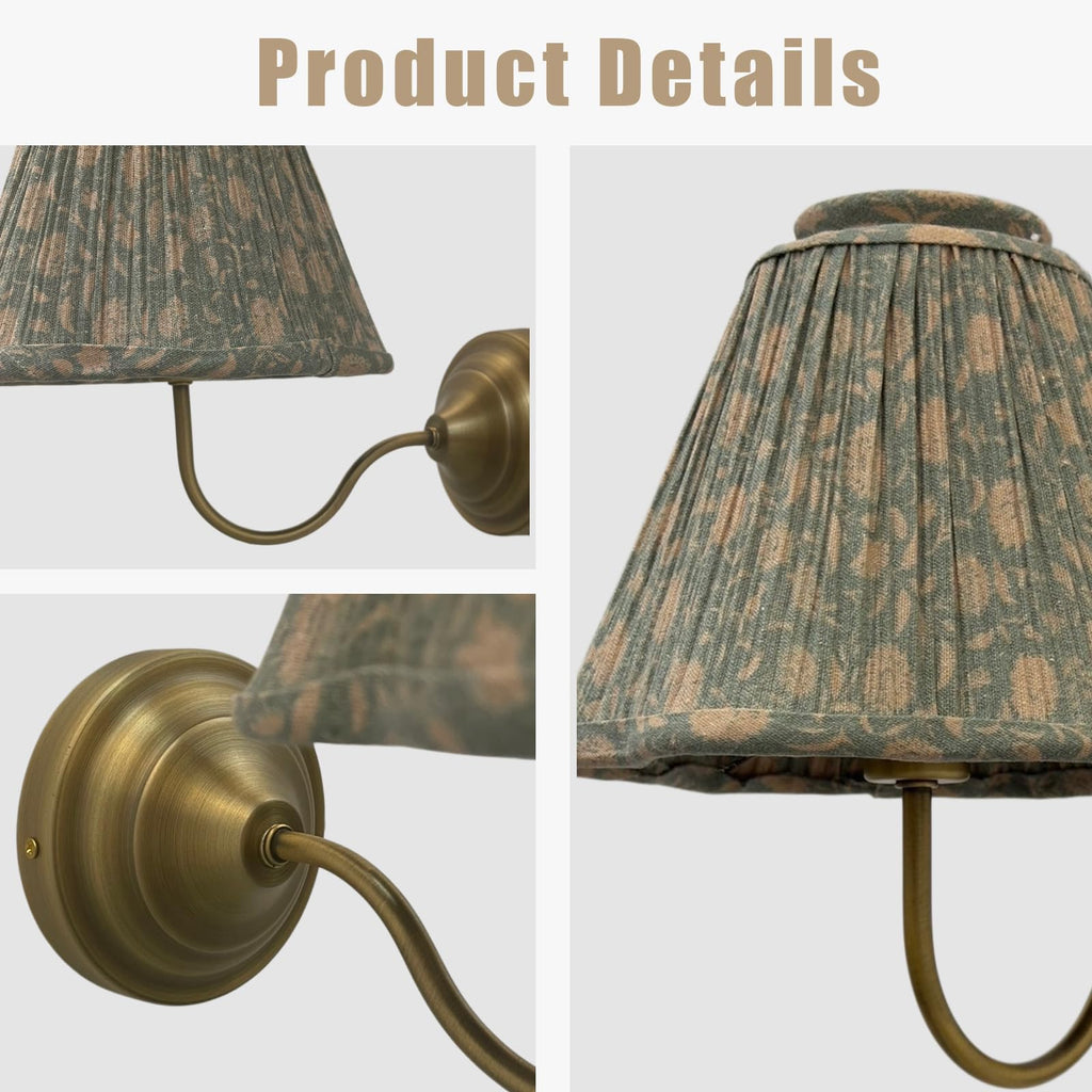Mid-Century Modern Wall Sconce - Aged Brass Hardwired with Floral Fransen Linen Shade, 12.2" Textured Lighting