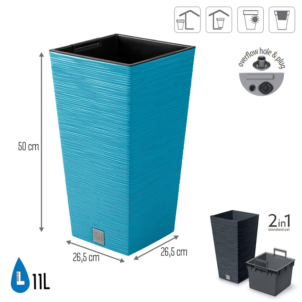 Scandinavian Blue Planter with Reservoir, Furu Collection, 26.5 x 26.5 x 50 cm, 11 Litre Capacity, 26, 5 x 26, 5 x 50 cm