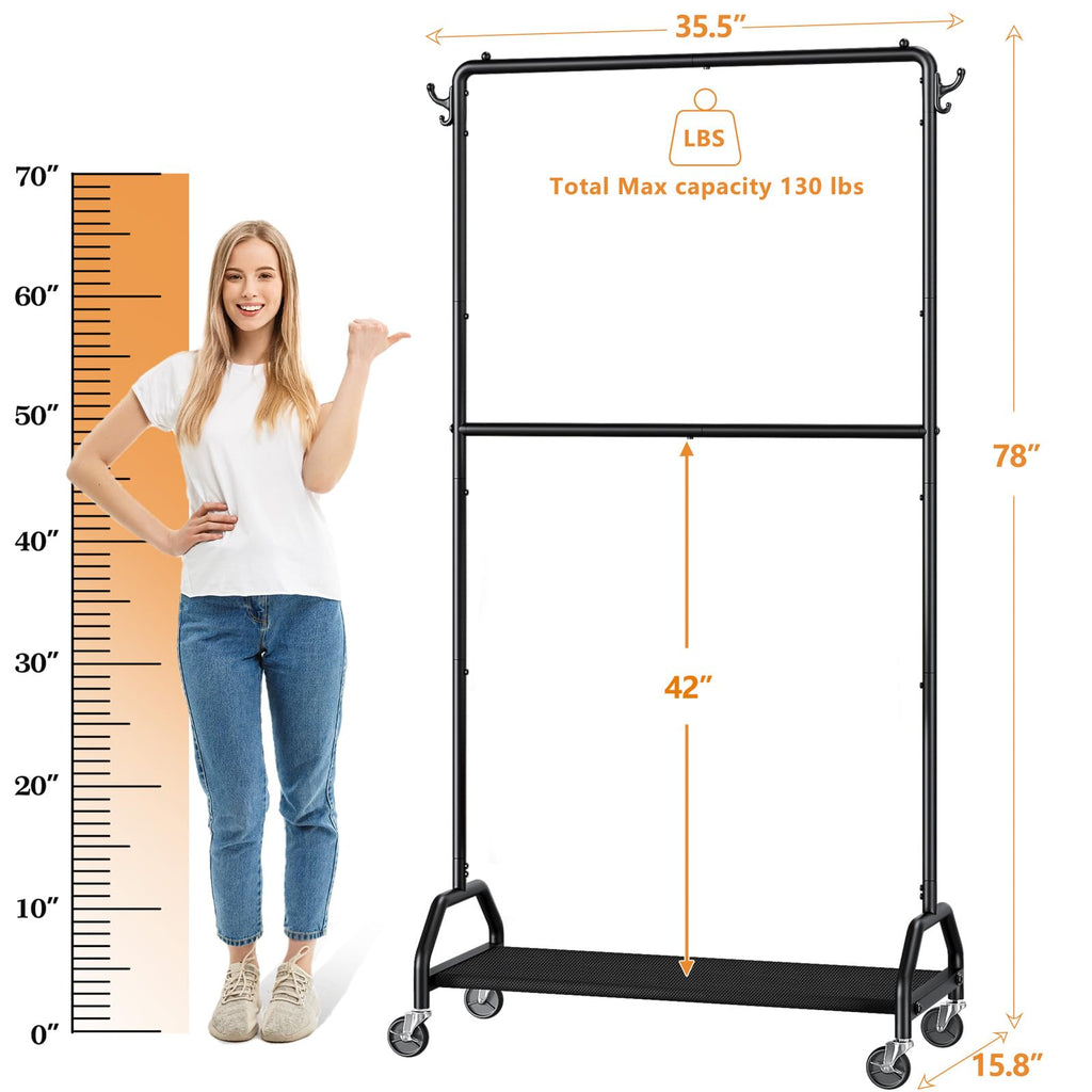 Clothes Rack Double Hanging Clothes Rack Clothing Rack Garment Rack 130LBS Capacity 34.5" W X15.8 D X 79" H Rolling