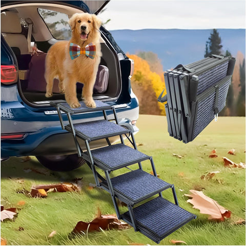 Dog Ramp for Car Truck and SUV Dog Stairs for Large Dogs Folding Pet Stairs with Non-Slip Rug Surface Supports Up to