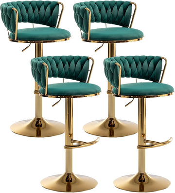 Gold Bar Stools Set of 4, Counter Height Bar Stools with Low Back, Velvet Adjustable Height Barstools, 360° Swivel