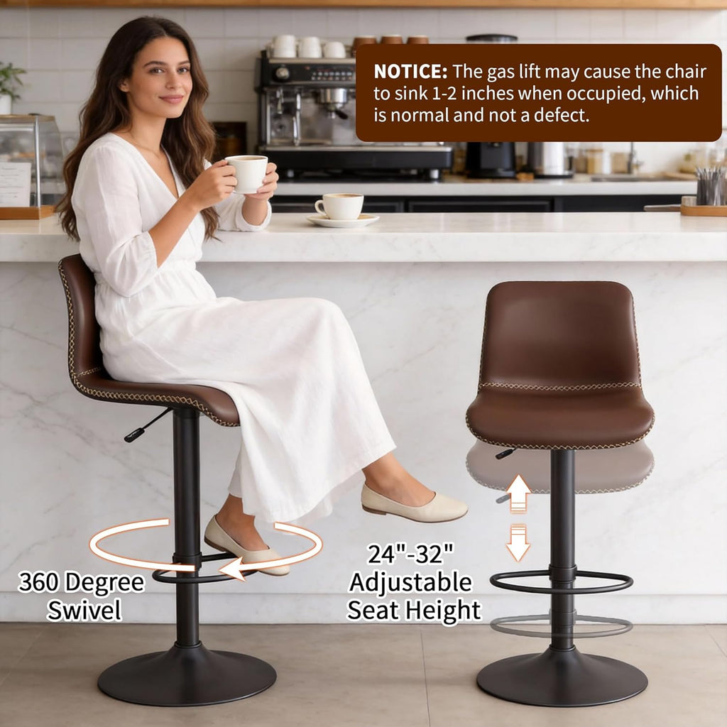 Swivel Bar Stools Set of 4, Counter Height Bar Stools with Back, Adjustable Bar Stools 24" to 32", Brown Faux Leather