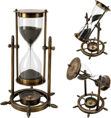 Vintage Adjustable Sand Timer Hourglass with Compass Base, Nautical Antique Style Gift for Birthday, Anniversary &
