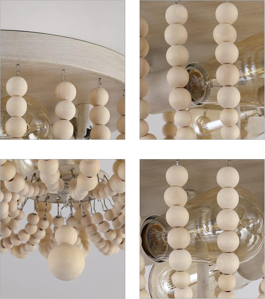 Boho Chandelier Wood Beaded Flush Mount Ceiling Light Fixtures Baby Bedroom Kitchen Hallway,Oak White Finish, Lights