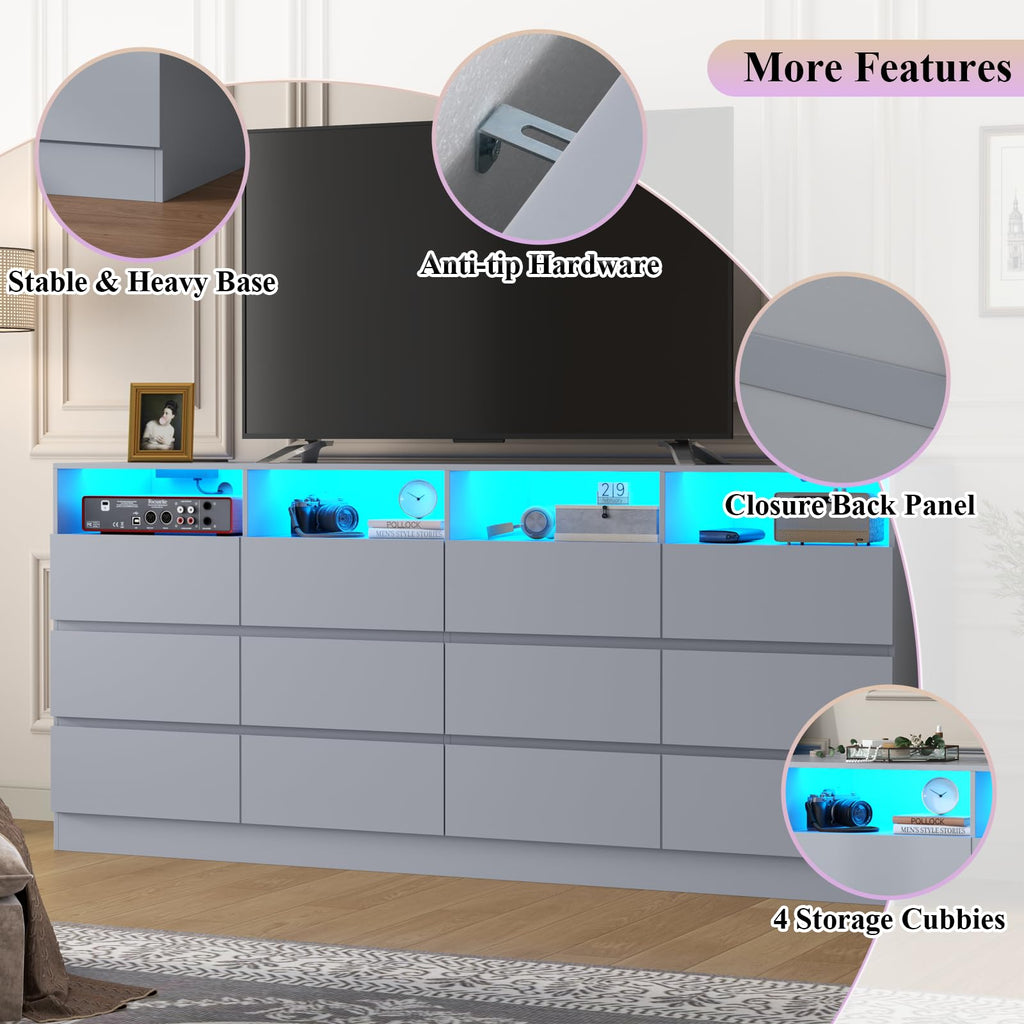 63" 6-Drawer Dresser with Divided Compartments, Power Outlet & LED Lights