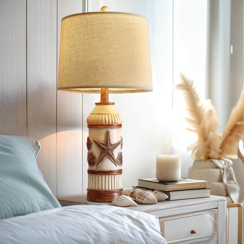24" Table Lamp, Boho Table Lamp, Bedside Nightstand Lamp, Coastal Nautical Lamp with Starfish Conch Pattern for