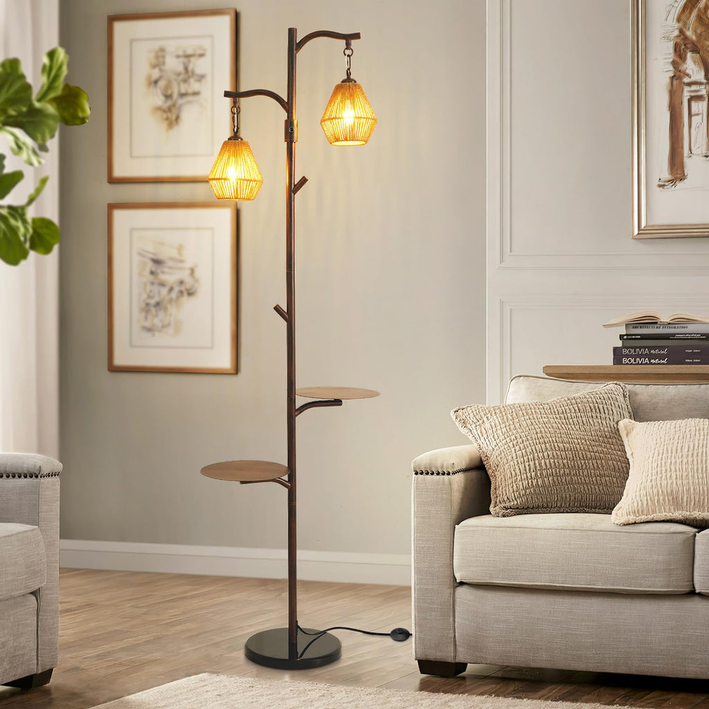 Arc Floor Lamp with Cage Shade, Rattan&Fabric Boho Floor Lamps Bedroom, Rust Color Industrial Dimmable Floor