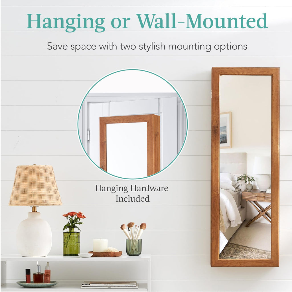 LED Mirror Jewelry Cabinet, Tall Lockable Wall or Door Mounted Jewelry Armoire Organizer with Mirror, 2 Drawers