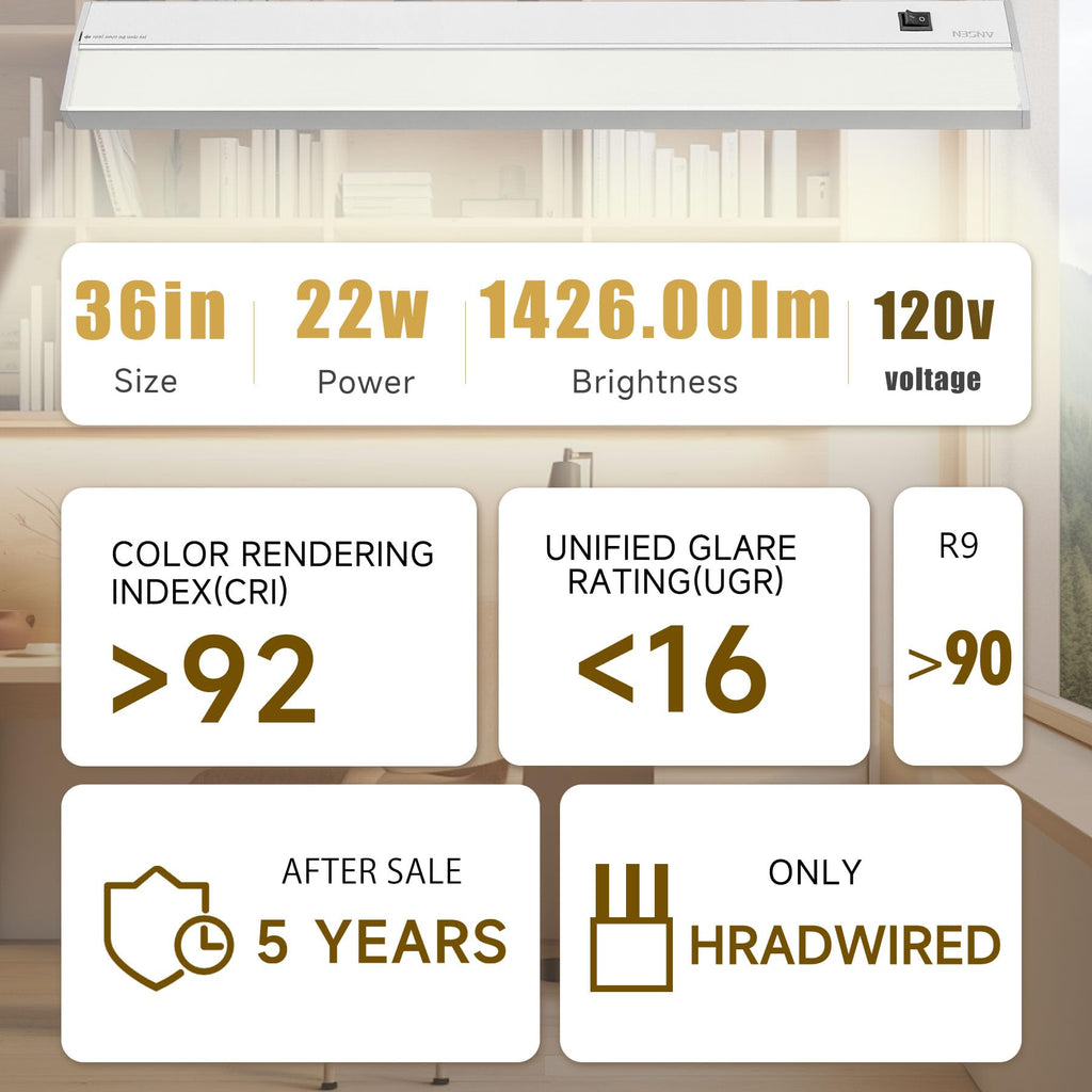 Hardwired Under Cabinet Lighting, 36in 22W LED Light /Closet, 1426lm, CRI>92, R9>90, Dimmable, 5 Color Temperature