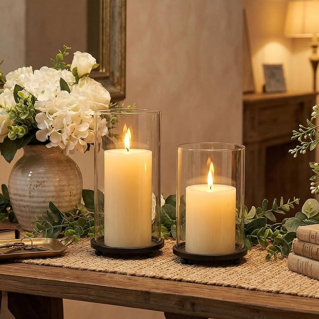Hurricane Candle Holders Set of 2 - Pillar Candle Stands with Glass Sleeves for Fireplace Mantel & Dining Table