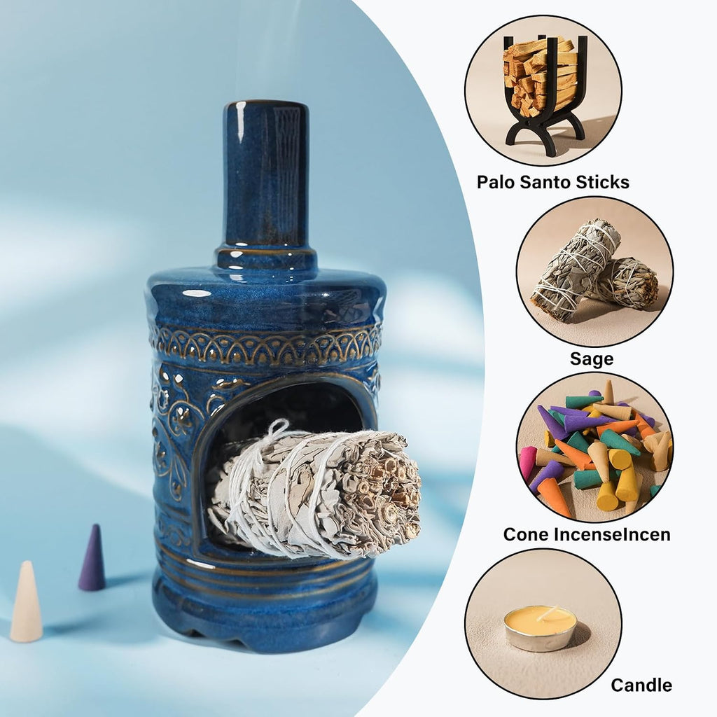 Bird & Flower Ceramic Palo Santo Chiminea,Sage&Cone Incense Burner